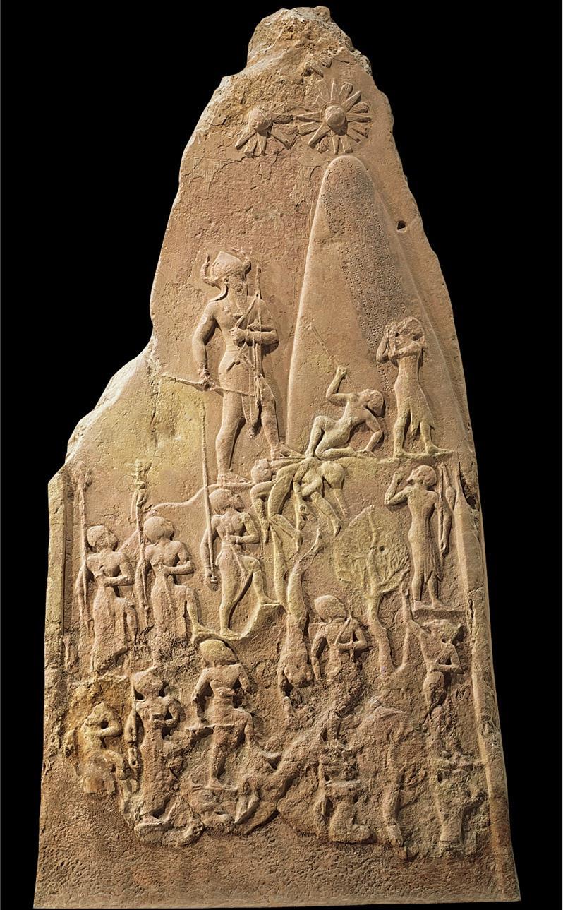 Victory stele of Naram-Sin 2254 2218 BCE Pink sandstone set up at Sippar, Iraq, found at Susa, Iraq 6 7 high First time a king appears as a god in Mesopotamian art o The horned helmet signified