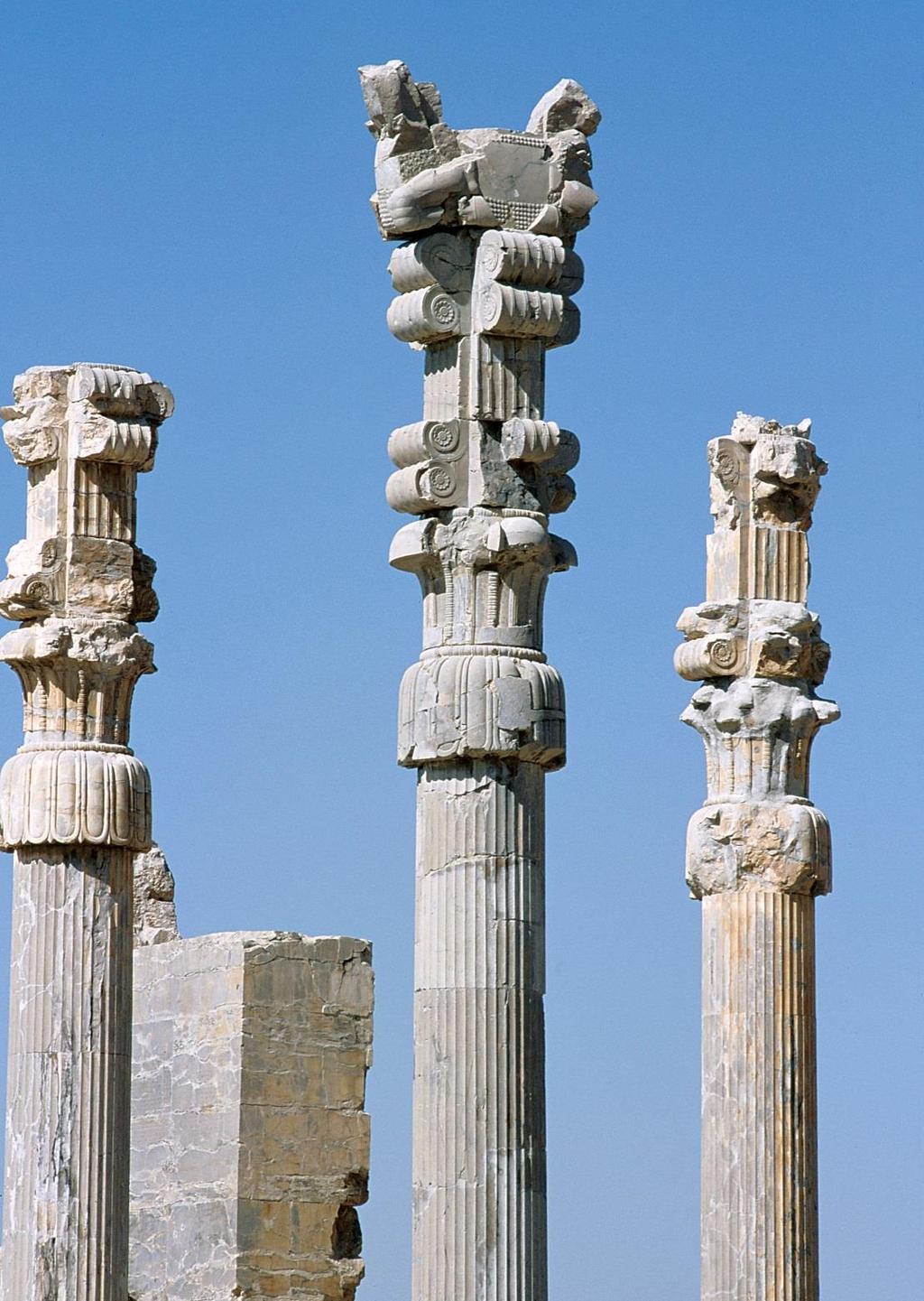 Three columns with animal protomes, from the apadana of the palace Persepolis, Iran The columns of the apadana are 64 tall and supported cedar beams [the cedar was imported from Lebanon] The capitals