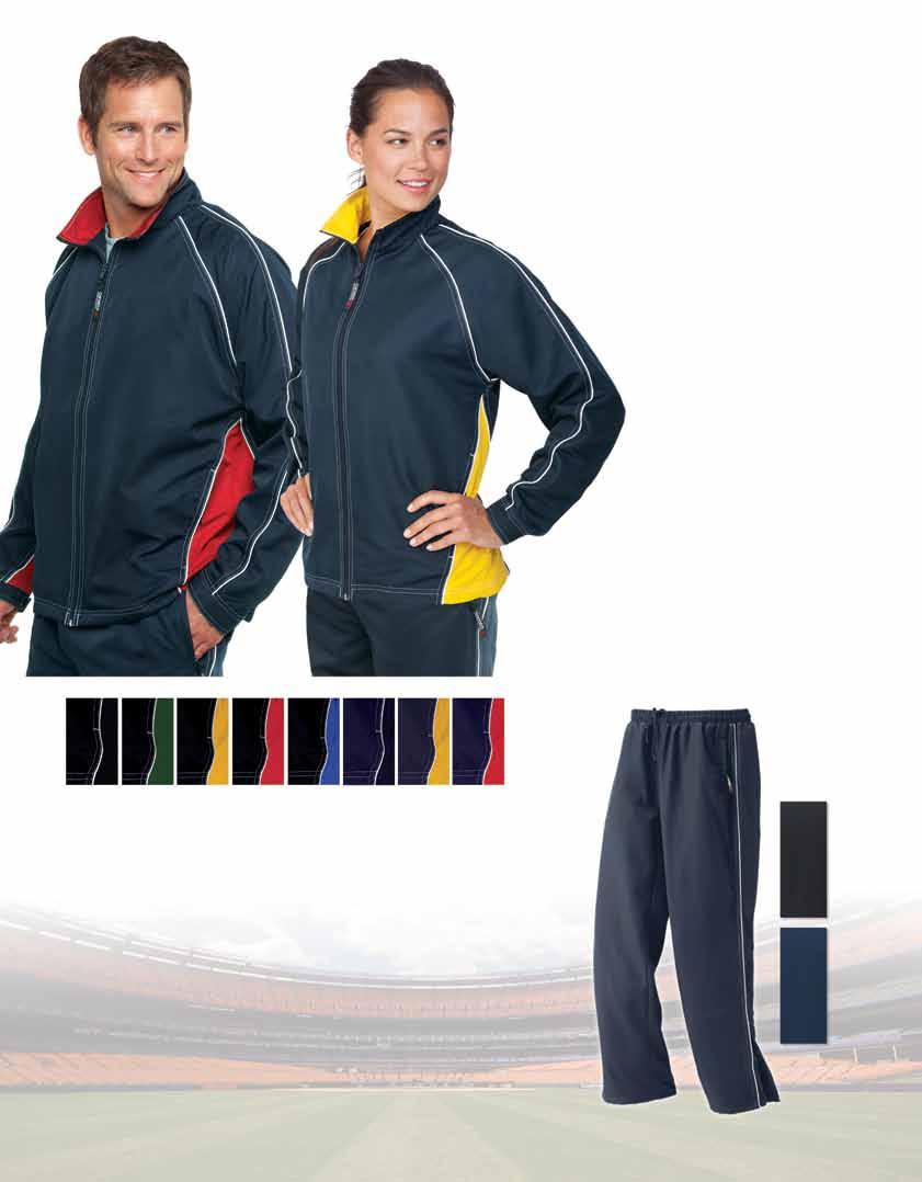 Athletic Twill Track Jacket 100% polyester twill outer shell. Mesh lined body and lined sleeves. Contrast stitching with white piping. Wind and water repellent soft, quiet outer shell.