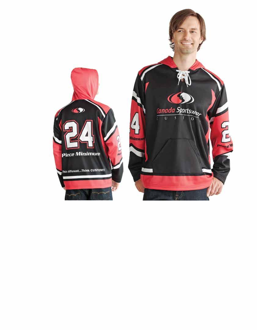 Proudly made in Canada Sublimated Hoodie Program 24 PIECE minimum per standard colour per design, per gender (including logo ) P0148 100% polyester fleece S - 2XL 8 standard colour combinations to