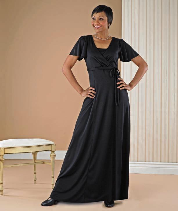 B. Crossover Empire Waist Classic 100% Polyester Stretch Knit Crossover front bodice with empire waist and flutter sleeve in our poly knit fabric.