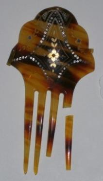 Hair Comb, 1920-30 Celluloid decorated with rhinestones and hand-painted gold