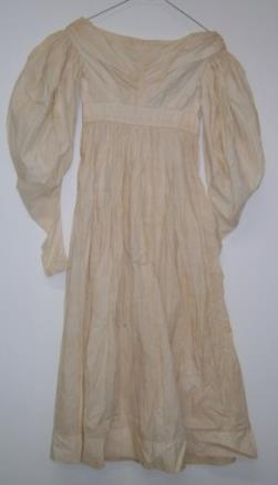 Summer Dress with Leg of Mutton Sleeves, 1827-35 Off-white cotton Worn by Elizabeth Chester Gift of the