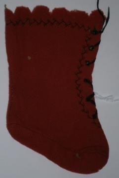 Baby's Single Bootie, 1870-80 Red wool Transfer from Baker Library Special Collections (Belonged to the