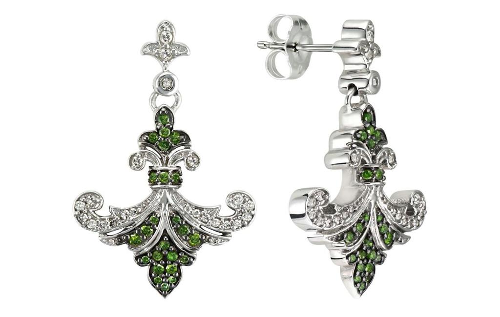 ICE GREEN AND WHITE DIAMOND FLEUR DE LIS EARRINGS SET IN BLACK RHODIUM & STERLING SILVER SKU: EDY_121112 Dazzling design is effortlessly infused with a powerful pop of color.
