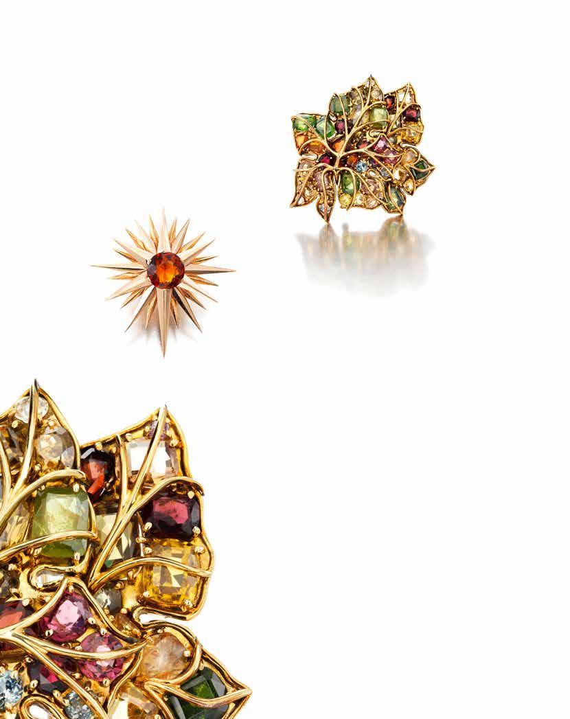 27 26 26 A CITRINE AND 14K ROSE GOLD BROOCH, VERDURA, 1941 of stylized radiating star design, centering a round brilliant-cut citrine, weighing approximately 8.
