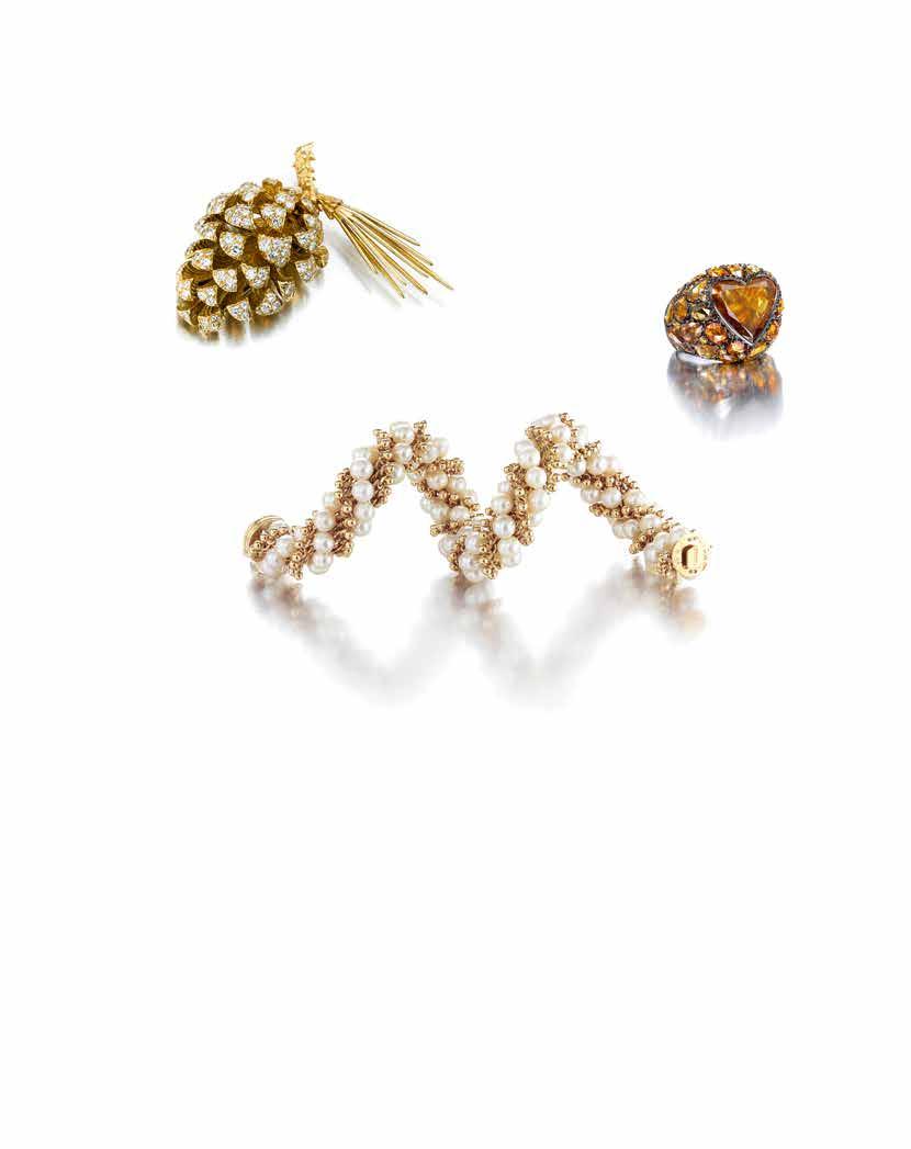 33 35 34 33 A DIAMOND AND 18K GOLD BROOCH, DONALD CLAFLIN FOR TIFFANY & CO. designed as a textured gold pine cone, accented with round brilliant-cut diamonds; signed Tiffany, no.