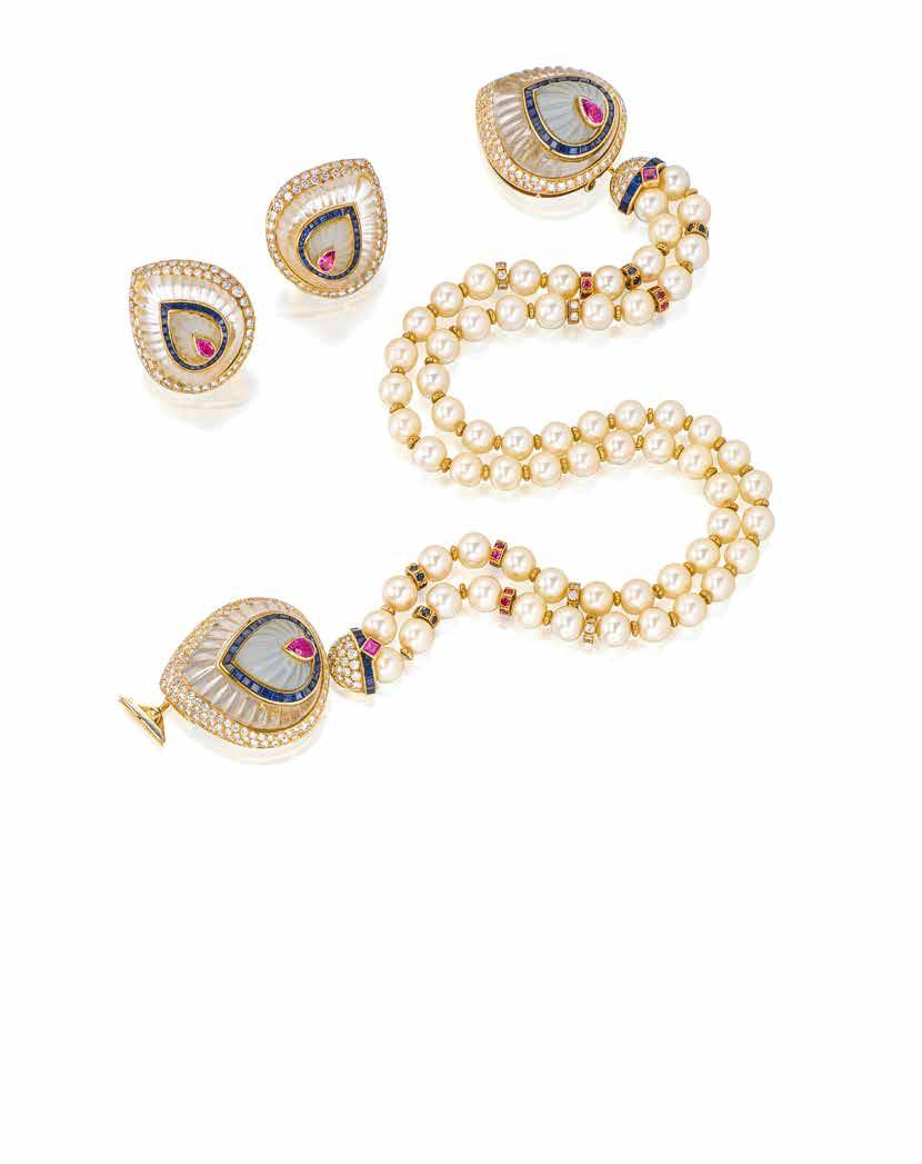 36 PROPERTY OF A PRIVATE TEXAS COLLECTION 36 A CULTURED PEARL, DIAMOND, COLORED DIAMOND AND GEM-SET NECKLACE WITH EARCLIPS, BOUCHERON, FRENCH composed of a double strand of sixty-five cultured