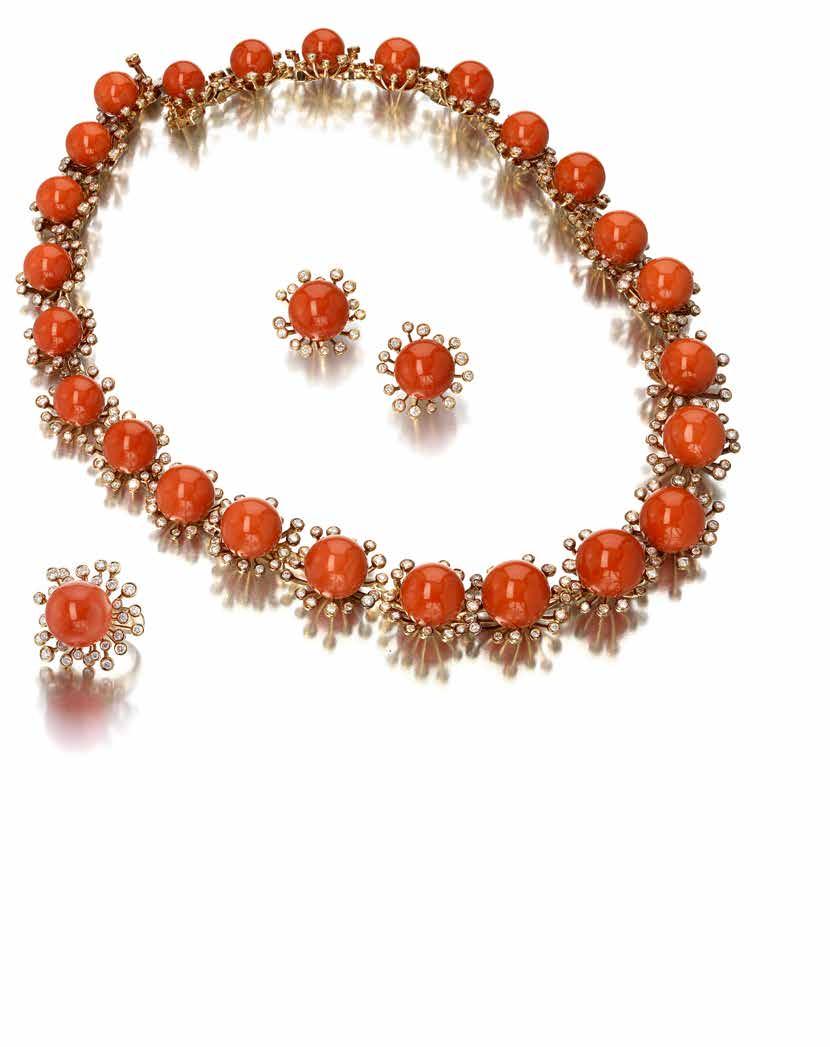 61 62 60 60 Y A CORAL AND DIAMOND RING set with a spherical coral bead, measuring approximately 16.2mm, to a round brilliantcut diamond radiating surround; estimated total diamond weight: 1.