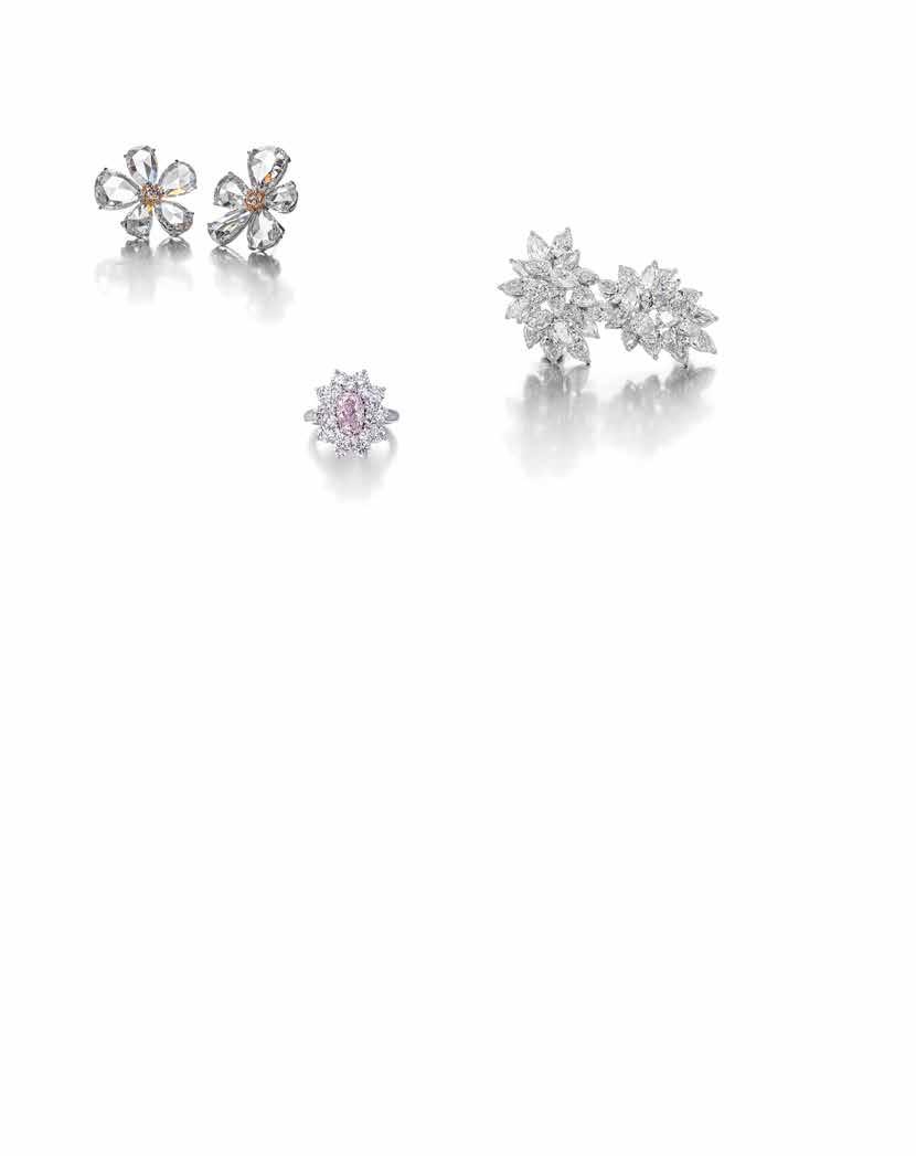 125 127 126 125 A PAIR OF FANCY COLORED DIAMOND AND DIAMOND EARRINGS of floral design, centrally set with round brilliant-cut pink diamonds, to pear-shaped diamond petals; total diamond weight: 17.
