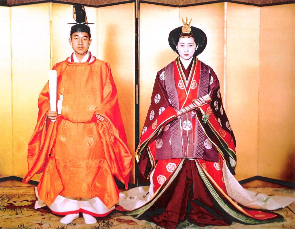 Emperor Akihito and Empress Michiko, then Crown Prince & Princess, She is wearing a Jūnihitoe, very