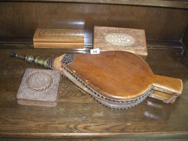 Old pair of bellows and treen boxes