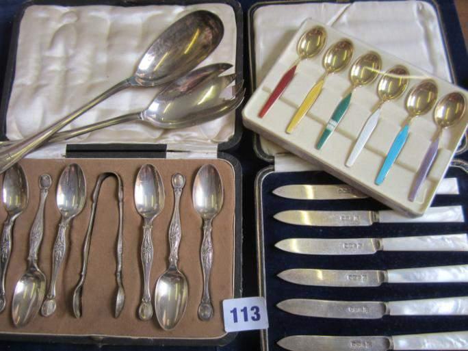 gilded & enamelled (x 1 a/f) cased silver teaspoon set,