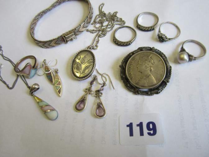 Indian rupee brooch, rings, 925 locket on chain, modern