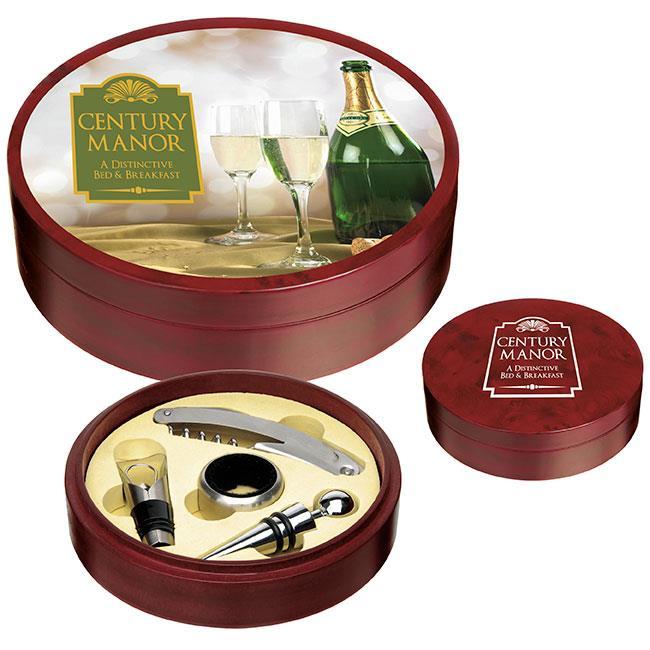 36572 Tuscany Wine Set Great thank-you gift Each piece is made of a naturally occurring material; slight variations may be present Wood 6-1/4 dia x 1-3/4 h $32.