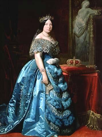 Train (Clothing) Isabella II of Spain in a blue gown with separate court train, mid-19th century.