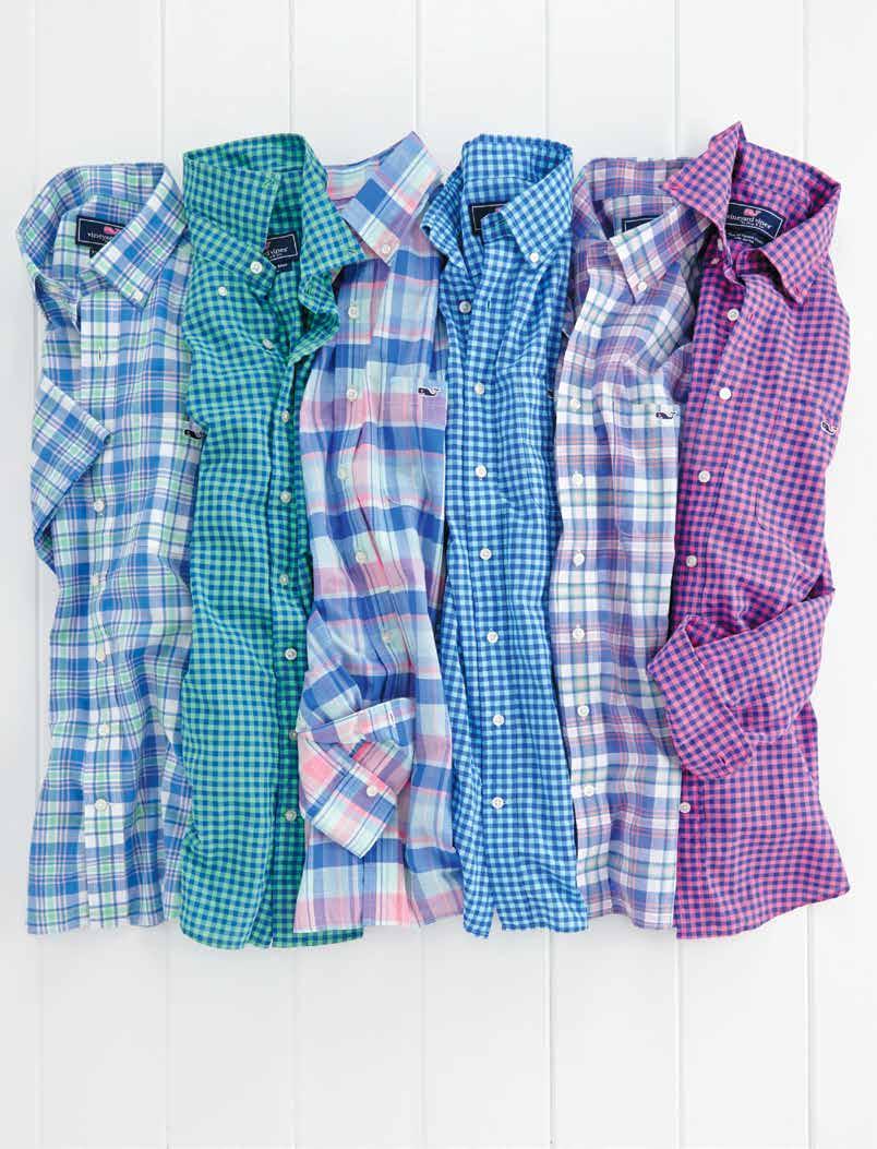 Time for a change up 1 3 1 1. Short-Sleeve Dockyard Plaid tucker shirt (1W0793): 100% cotton yarn-dyed madras. Imported. $98.50. Shown in bimini blue, indigo.