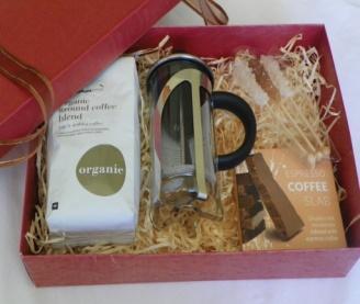 Coffee Hamper Gift 3 cup plunger, Coffee, chocolate & Sugar