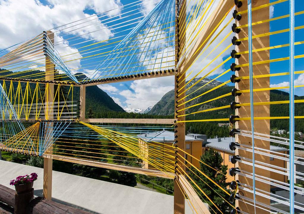 AusSicht 2014 2014 Neurological Model of a Panorama-View, Slats, Fence, Insulators, Electrical-Voltage Device, Installation View Kunstwege Pontresina The art-work AusSicht creates a new Sight from