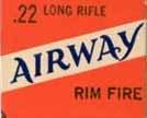 "AIRWAY" Issues L-l.22 LONG. Red, white and blue box with white and blue printing. One-piece box with end flaps. No product code. Lead bullet. "A-7" h/s on a brass case.