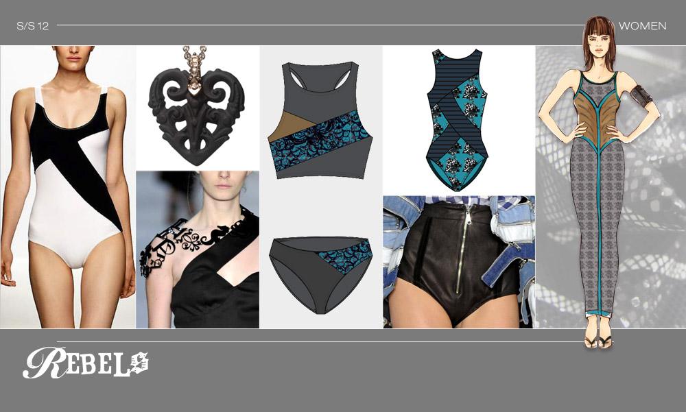 SWIM - LOOK 2 Updated performance maillots / Stripe and tattoo patterns for pieced panels / Laser-cut lace / Neoprene swimdress /