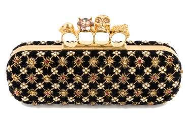 54 An Alexander McQueen Rhombic Embroidered Knuckle Clutch, black velvet with all over embroidery and Swarovski crystal and faux pearl embellishment, goldtone