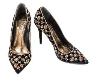 $700-900 54 AUCTION HIGHLIGHTS 55 A Pair of Alexander McQueen Rhombic Embroidered Shoes, black velvet with all over embroidery and Swarovski crystal and faux