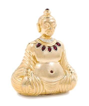 28 A Judith Leiber Goldtone Buddha Minaudiere, with a decorative red stone push button top closure, a removable goldtone chain shoulder strap