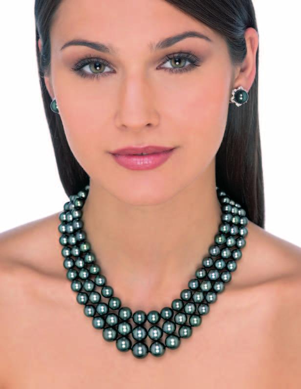 14 A three strand Tahitian cultured pearl necklace. Composed of 123 graduated natural color black Tahitian cultured pearls measuring from 8 to 14.
