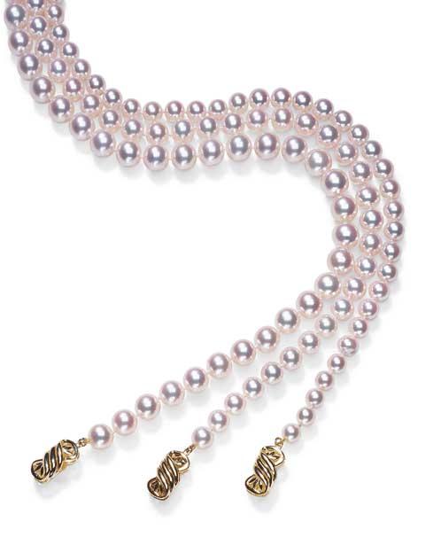 JAPANESE AKOYA CULTURED PEARLS 3 AAA quality pearl necklace, 6.5 x 7mm, 18K gold, 16 inches. $1,290. AAA quality pearl necklace, 7 x 7.5mm, 18K gold, 16 inches. $1,500. AAA quality pearl necklace, 7.5 x 8mm, 18K gold, 16 inches.