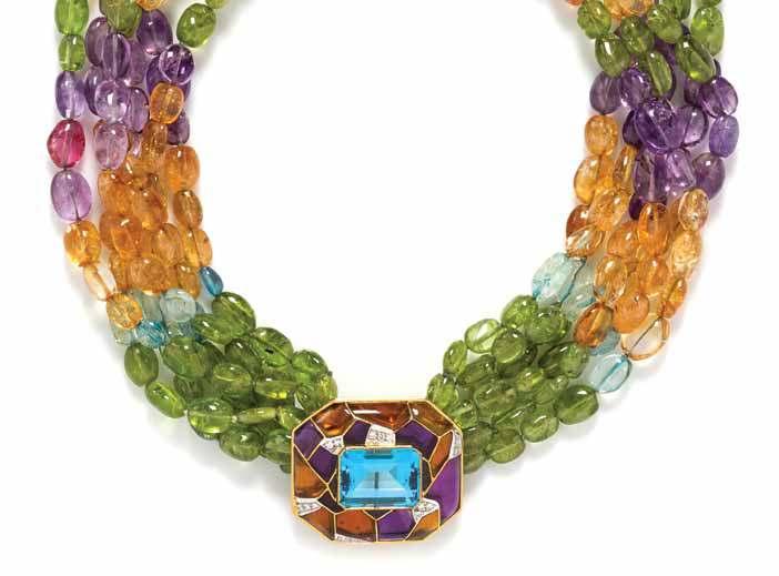 17 19 18 17 An 18 Karat Yellow Gold, Polychrome Enamel, Diamond and Multi Gem Necklace, consisting of multiple strands containing numerous blue topaz, peridot, amethyst and citrine beads strung with