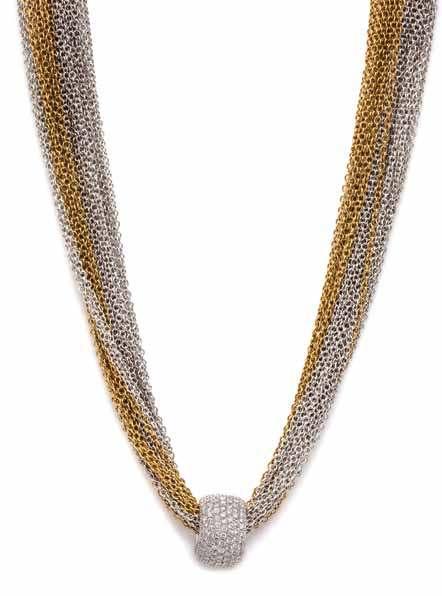 47 46 44 45 44 An 18 Karat Two Tone Gold and Diamond Necklace, consisting of a multi strand yellow and white gold chain necklace suspending a domed pendant containing numerous pave set round