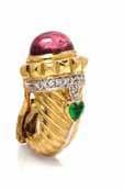 49 48 50 48 An 18 Karat Yellow Gold, Tourmaline, Colored Diamond and Diamond Ring, N. Varney, containing one cushion cut tourmaline measuring approximately 23.50 x 18.65 x 12.
