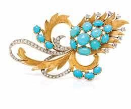 94 96 94 95 94 A Two Tone Gold, Turquoise and Diamond Demi Parure, consisting of a stylized ribbon motif openwork brooch containing numerous round brilliant and one round single cut diamond weighing