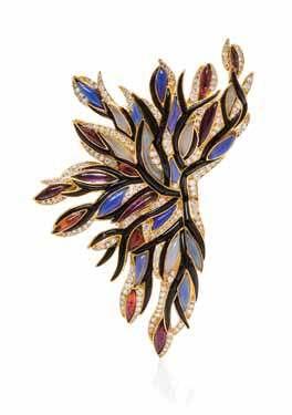111 115 113 114 113 An 18 Karat Yellow Gold, Diamond, and Multi Gem Brooch, of abstract overlapping design, the gold sections separated and deined by polished onyx inlays in freeform shapes,