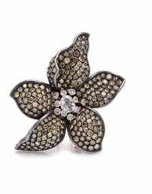 $2,000-3,000 173 A Pair of 18 Karat Gold, Colored Diamond and Diamond Brooches, Gioia, in a loral motif, the settings black rhodium plated, one brooch containing one old mine cut diamond measuring