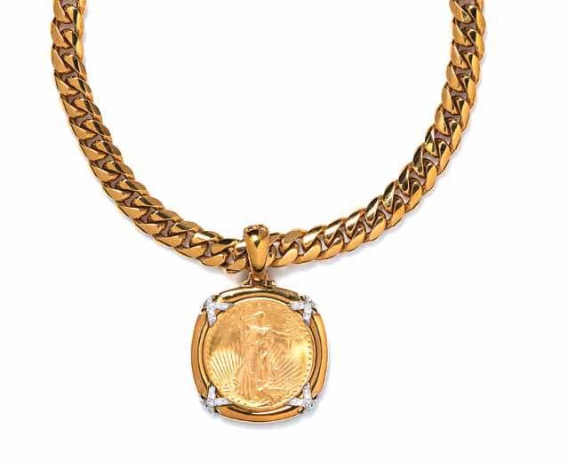231 229 230 229 An 18 Karat Yellow Gold Curb Link Chain Necklace and 18 Karat Gold, Diamond and Gold Coin Pendant, David Webb, consisting of a yellow and white gold pendant containing one US $20 St.