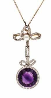 243 246 244 245 243 An Edwardian Platinum Topped Gold, Amethyst, Diamond and Pearl Lavaliere Pendant/Brooch, containing one round mixed cut amethyst measuring approximately 17.00 x 17.00 x 9.