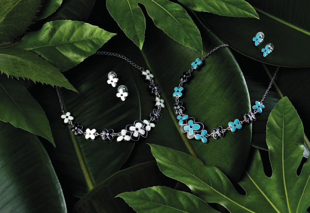 MILLEFLEURS NECKLACE CODE: 2300 39,90 Rhodium plated necklace in millefleurs design with high quality enamel flower ornaments in black and white, length: 16 ½ in (42cm) with 2 in (5cm) extension