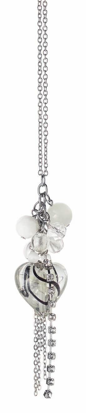 02 03 01 NECKLACE CODE: 2278 39,90 Rhodium-plated rolo link chain with various charms, chain links and pearl accents, one heart-shaped Murano glass charm, 1 ¼ in (3cm) in diameter, length including