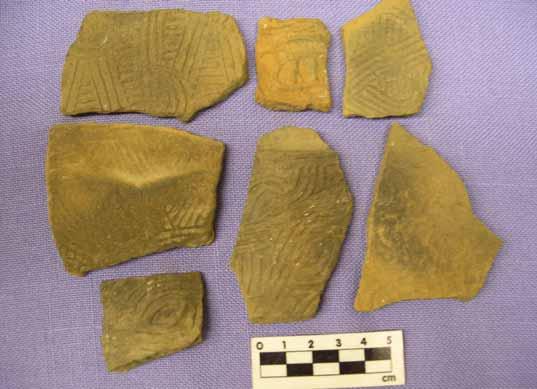 Figure 22. Swift Creek Complicated-Stamped pottery sherds from Davis Field Mound. Pottery curated at the DHR. Photo courtesy of Nancy White.