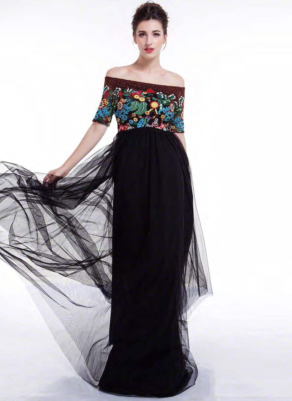 Bohemian style never looked so elegant as this marvelous off-the-shoulder evening gown. With its bold print and full black tulle skirt you're certain to turn more heads than the art on the walls.