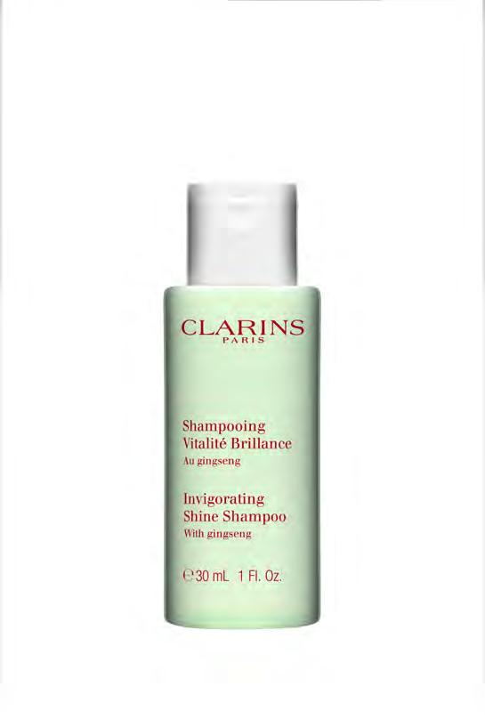 Clarins guest amenities are perfumed with Eau Dynamisante. Invigorating Shine Shampoo With ginseng Balancing, it nourishes and protects hair.