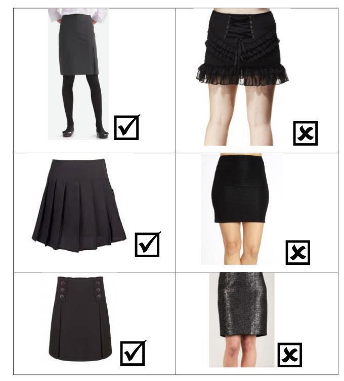 Skirts Skirts should be knee length and certainly no more than 5cm