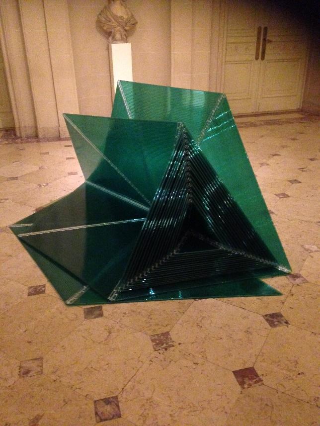 Installation views of Mobius, 2013 and Green Pyramid, 2006 at The Institute of Fine Arts, The Great Hall,