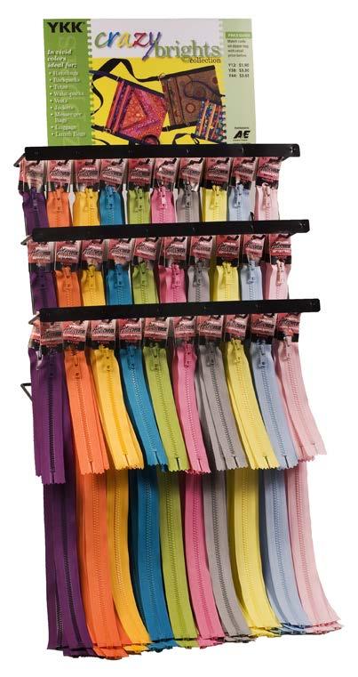 Tape 7 Vislon Closed Bottom & 8 Vislon Separating Zippers in Various Colors YKK CRAZY BRIGHTS FLOOR DISPLAY COLOR LAYOUT Art.