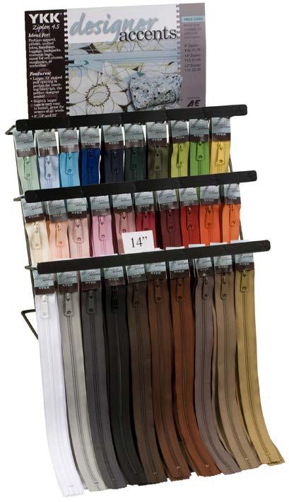 Cases for Accessories Designer Accents Zippers: Separating Assortments Available: 9 Assortment 4 Assortment Assortment 90 Zippers in 0 Different Colors YKK DESIGNER ACCENTS FLOOR DISPLAY COLOR LAYOUT