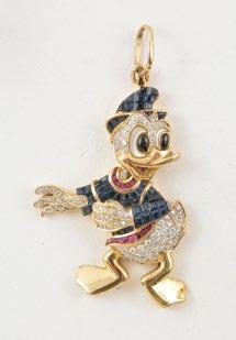 1183, RUBIES, SAPPHIRES AND 18K yellow gold pendant in the shape of Donald, set with