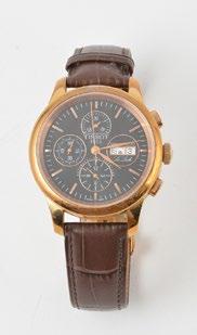 1262 TISSOT - LE LOCLE Gilt steel Men chronograph, watch with black round signed dial with applied gilt indices, date window at 3, 3 counters, automatic movement, brown leather bracelet with folding