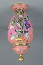 Lot 179 A LATE 19TH CENTURY PINK GLASS VASE AND COVER, gilt ball finial, the cover enamelled with a band of flowers, the vase painted with a small